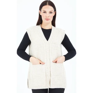 Elçelya Moda Kadın Krem V Yaka Düğmeli Cepli  Örgü Yün Anne Triko Yelek