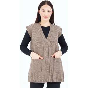 Fresh Moda Kadın  Vizon  V Yaka Düğmeli Cepli Örgü  Yün Anne Triko Yelek
