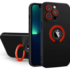Kzy Apple iPhone 11 Pro Max Kapak Kamera Korumalı Standlı Logo Açık Yüzüklü Silikon Kılıf - Siyah - Kırmızı