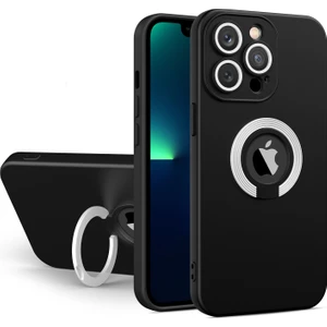 Kzy Apple iPhone 11 Pro Max Kapak Kamera Korumalı Standlı Logo Açık Yüzüklü Silikon Kılıf - Siyah - Beyaz