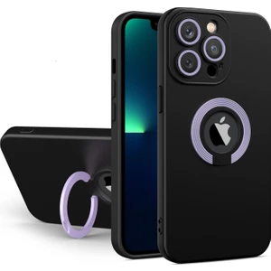 Kzy Apple iPhone 11 Pro Max Kapak Kamera Korumalı Standlı Logo Açık Yüzüklü Silikon Kılıf - Siyah - Lila