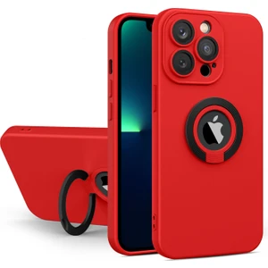 Kzy Apple iPhone 11 Pro Max Kapak Kamera Korumalı Standlı Logo Açık Yüzüklü Silikon Kılıf - Kırmızı - Siyah