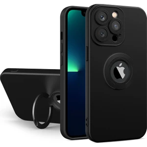 Apple iPhone 13 Pro Kapak Kamera Korumalı Standlı Logo Açık Yüzüklü Silikon Kılıf - Siyah - Siyah