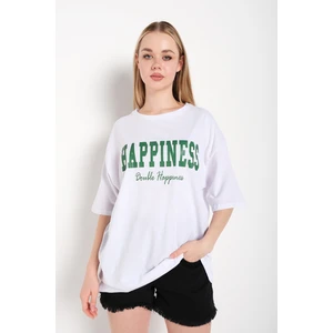 Kadın Happıness Baskılı Oversize Tshirt