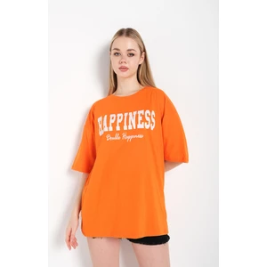 Kadın Happıness Baskılı Oversize Tshirt