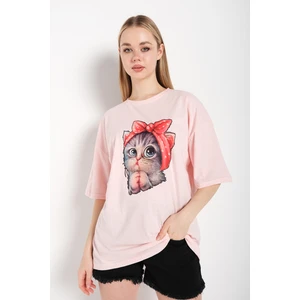Kadın Kedi Baskılı Oversize Tişört
