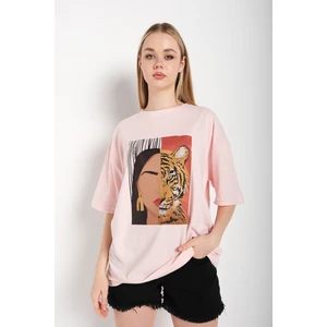 Kadın Leopar Baskılı Oversize T-Shirt
