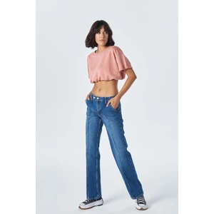 Cross Jeans  Orta Mavi  Düşük Bel Nervürlü Fermuarlı Relax Fit Jean Pantolon C 4805-005