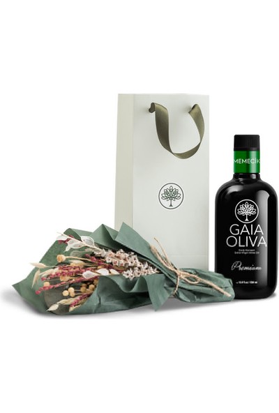 Gaia Oliva Premium Memecik Erken Hasat Natürel Sızma Zeytinyağı ve El Yapımı Çiçekli Seti (Yeni Hasat)