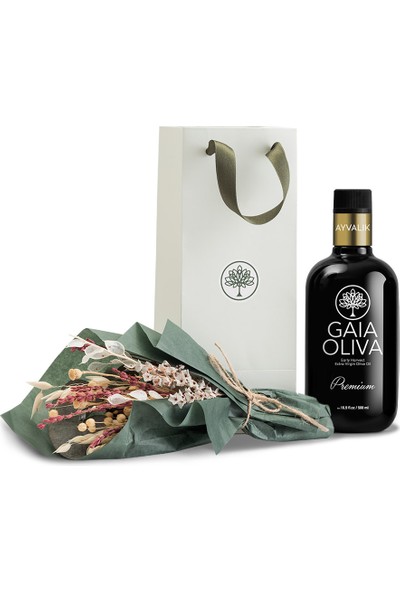 Gaia Oliva Premium Ayvalık Erken Hasat Natürel Sızma Zeytinyağı ve El Yapımı Çiçekli Seti (Yeni Hasat)