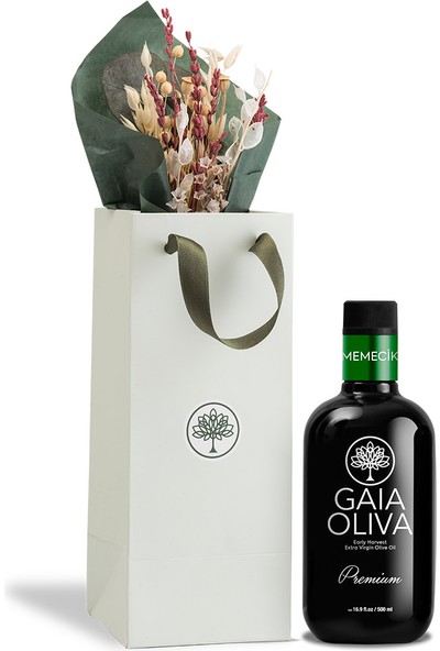 Gaia Oliva Premium Memecik Erken Hasat Natürel Sızma Zeytinyağı ve El Yapımı Çiçekli Seti (Yeni Hasat)