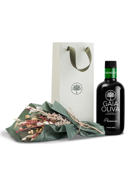 Gaia Oliva Premium Memecik Erken Hasat Natürel Sızma Zeytinyağı ve El Yapımı Çiçekli Seti (Yeni Hasat)