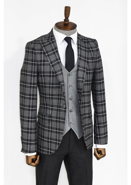 Ekose Ceketli Siyah Slim Fit Takım Elbise modelleri