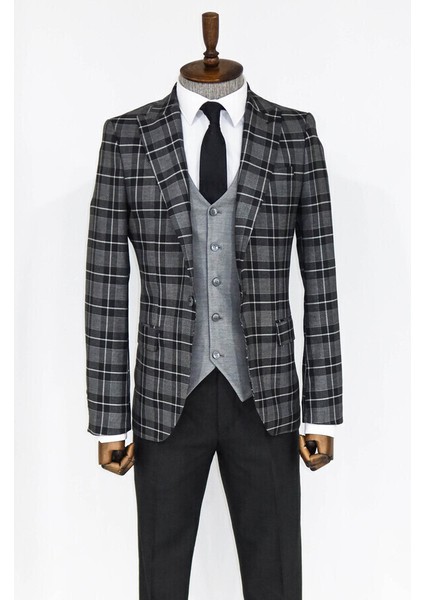 Ekose Ceketli Siyah Slim Fit Takım Elbise fırsatları
