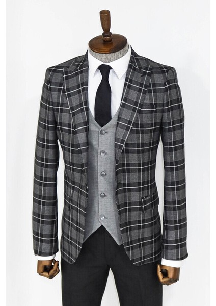 Ekose Ceketli Siyah Slim Fit Takım Elbise indirimleri