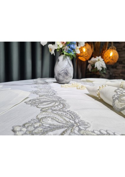 26 Parça Fransız Güpürlü Firuze Masa Örtüsü Takımı Krem - Silver fırsatları