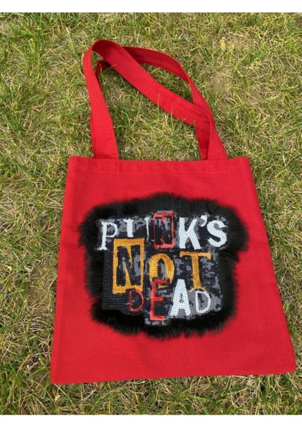 Pinks Not Deat Yazılı Payet ve Tüğ Aplikeli Bez Çanta