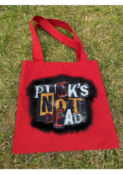 Pinks Not Deat Yazılı Payet ve Tüğ Aplikeli Bez Çanta