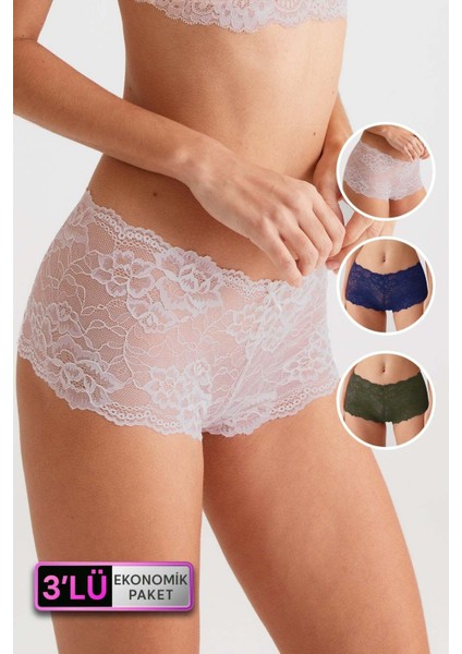 3'lü Ekonomik Paket Pudra - Lacivert - Haki 2132 Dantelli Short Külot
