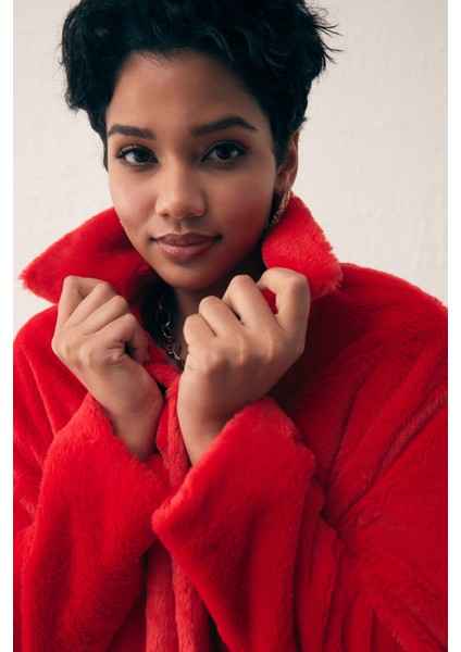 Leopar Astarlı Peluş Kaban - Kırmızı fiyatları