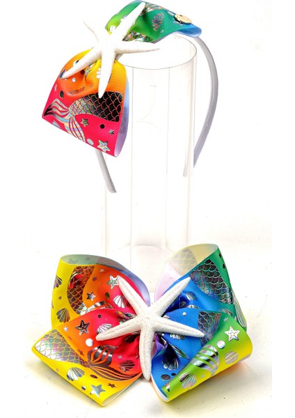 Özel Tasarım Deniz Kızı Yıldızı Yanar Döner Parlak Jojo Siwa Büyük Fiyonk Taç ve Toka Gökkuşağı Set