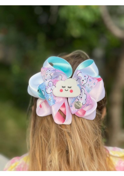 Yeni Sevimli Bulut Lüks Katlı Fiyonklu Çocuk Tokası Metal Klipsli Saten Toka Pembe Mavi