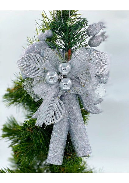 Yılbaşı Lüks Kokina Nar Baston Şekerli Parlak Simli Çam Ağacı Dekorasyon Süs Çelenk Gümüş