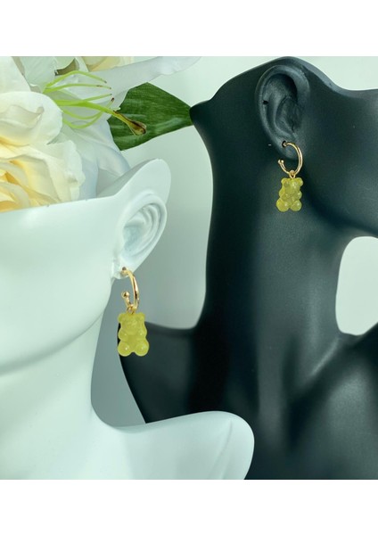 Yeni Moda Sevimli Haribo Ayıcık Şeffaf Gold Altın Küpe Kararmaz Neon Sarı