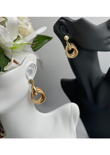 Zara Model Lüks 3lü Burgu Halka Sarkıt Küpe Küçük Gold Altın