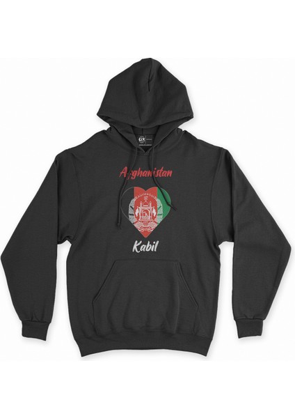 Kabil Afganistan Bayraklı Kalpli Siyah Sweatshirt Hoodie