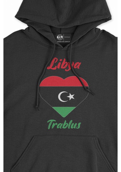 Trablus Libya Bayraklı Kalpli Siyah Sweatshirt Hoodie fiyatları