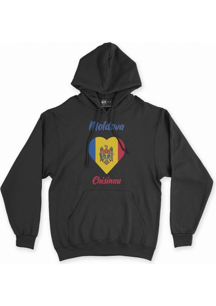 Kişinev Moldova Bayraklı Kalpli Siyah Sweatshirt Hoodie