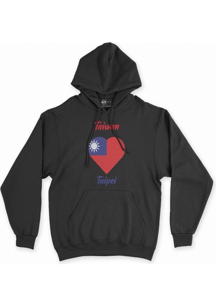 Taipei Tayvan Bayraklı Kalpli Siyah Sweatshirt Hoodie