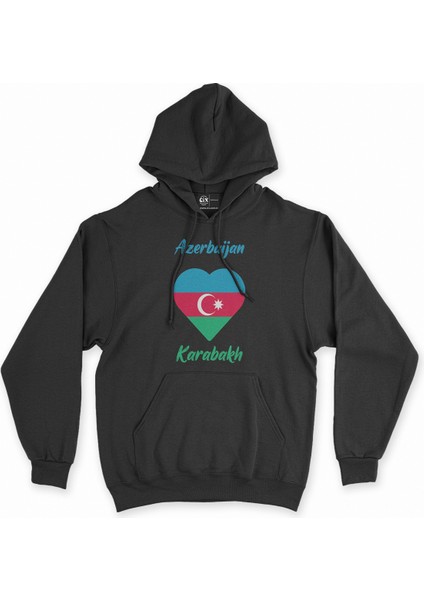 Karabağ Azerbaycan Bayraklı Kalpli Siyah Sweatshirt Hoodie