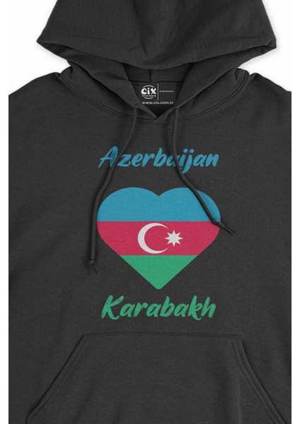 Karabağ Azerbaycan Bayraklı Kalpli Siyah Sweatshirt Hoodie