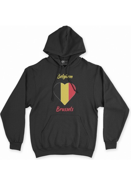 Brüksel Belçika Bayraklı Kalpli Siyah Sweatshirt Hoodie