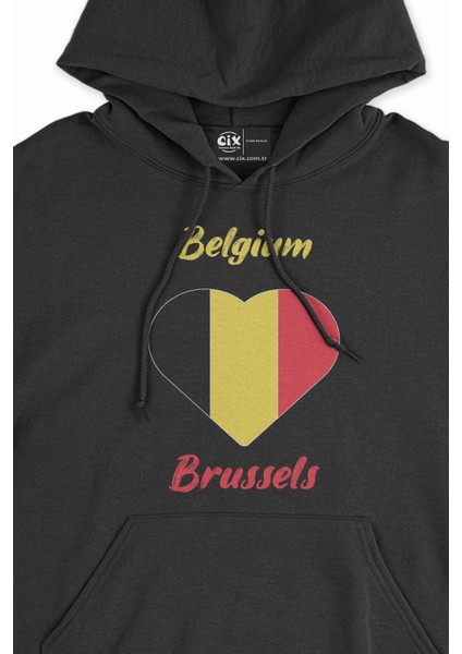 Brüksel Belçika Bayraklı Kalpli Siyah Sweatshirt Hoodie