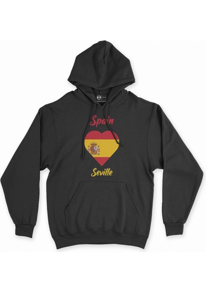 Sevilya Ispanya Bayraklı Kalpli Siyah Sweatshirt Hoodie