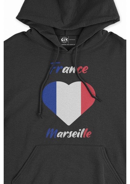 Marsilya Fransa Bayraklı Kalpli Siyah Sweatshirt Hoodie fiyatları