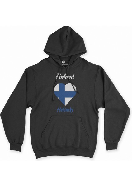 Helsinki Finlandiya Bayraklı Kalpli Siyah Sweatshirt Hoodie