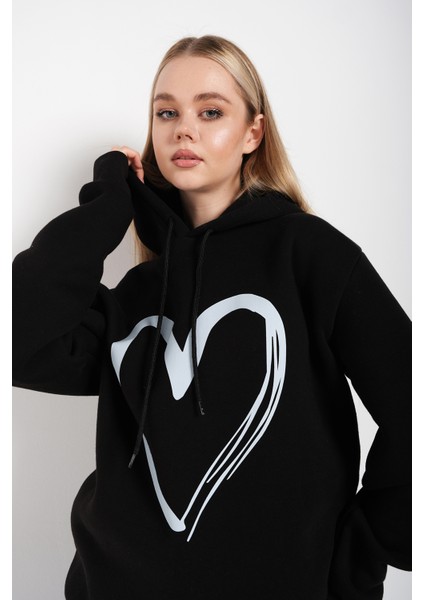 Kadın Kalp Baskılı Kapüşonlu Sweatshirt