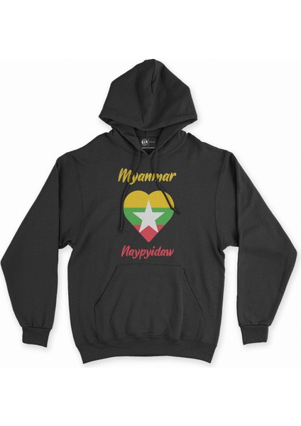 Naypyidaw Myanmar Bayraklı Kalpli Siyah Sweatshirt Hoodie