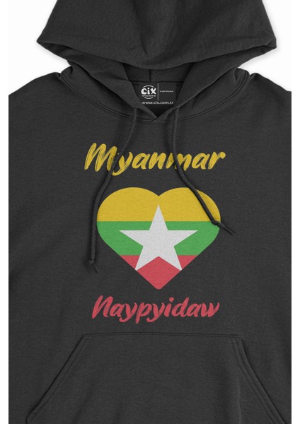Naypyidaw Myanmar Bayraklı Kalpli Siyah Sweatshirt Hoodie fiyatları