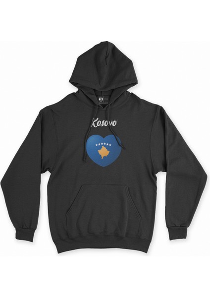 Kosova Bayraklı Kalpli Siyah Sweatshirt Hoodie