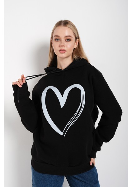Kadın Kalp Baskılı Kapüşonlu Sweatshirt