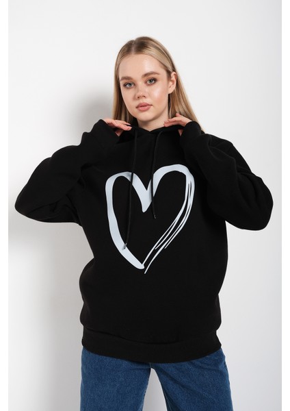 Kadın Kalp Baskılı Kapüşonlu Sweatshirt modelleri