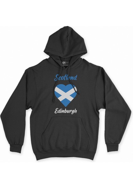 Edinburgh Iskoçya Bayraklı Kalpli Siyah Sweatshirt Hoodie