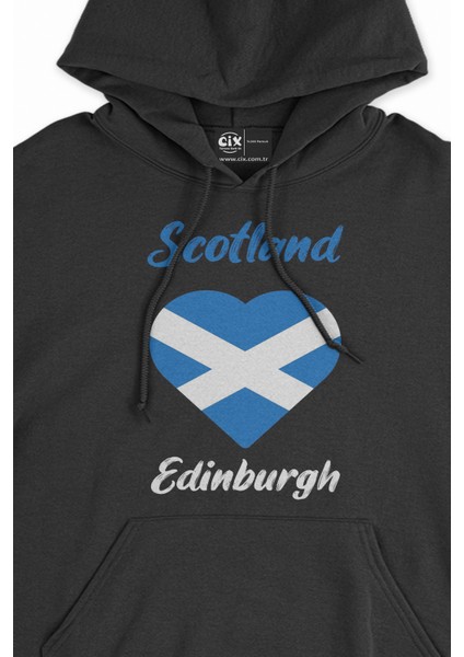Edinburgh Iskoçya Bayraklı Kalpli Siyah Sweatshirt Hoodie