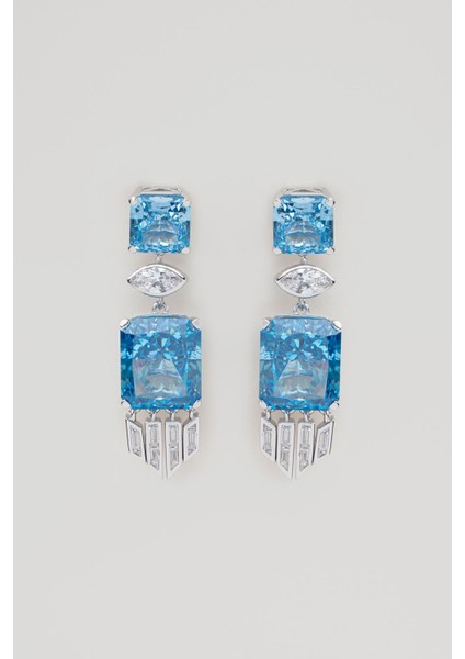 Sofistike Mavi 18 Ayar Beyaz Altın Kaplama Gümüş Baget Küpe