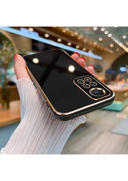 Xiaomi Mi 10T Uyumlu Kılıf Kamera Korumalı Parlak Gold Şerit Kenarlı Yumuşak Silikon Kapak
